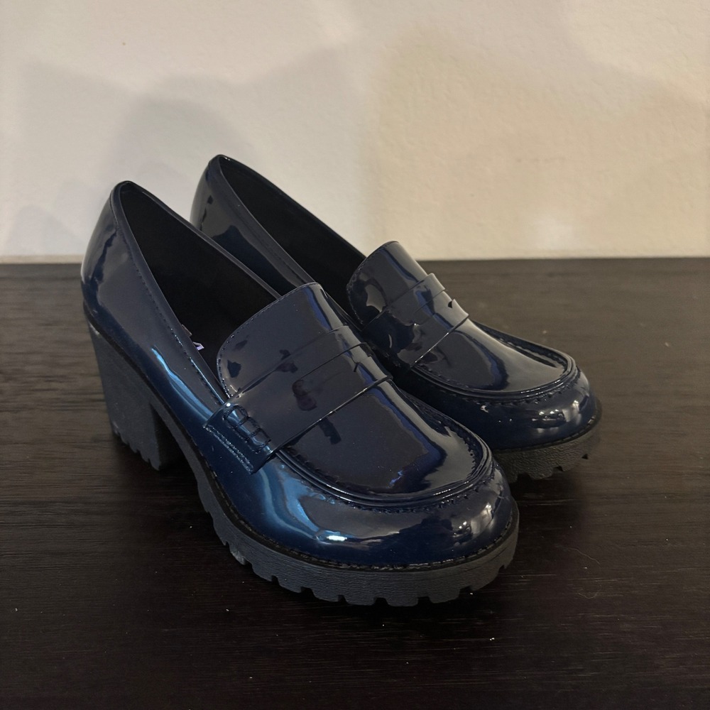 Soda Loafers Platform 6.5 Patent Navy Blue Dark Academia Preppy Lug Sole